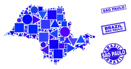 Fototapeta premium Vector mosaic Sao Paulo State map. Geographic collage in blue color shades, and grunge round and rectangle seal stamps. Abstract collage of Sao Paulo State map designed of circle, tringle,