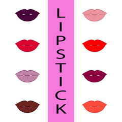 Lipstick palette. Vector illustration of sexy woman's lips with different matte lipstick tones, such as red, nude, pink and violet. Isolated on white.