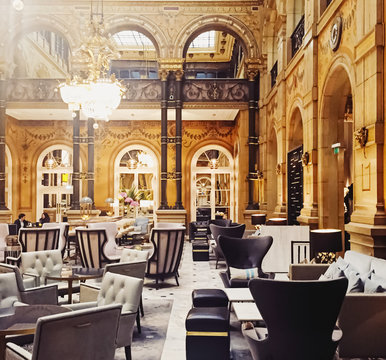 Paris, France circa January, 2020: Luxury interior design of Hilton Opera hotel in Paris, France