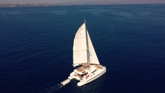 Sailing catamaran in the Mediterranean Sea in Greece