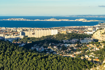 Panoramic view of Marseille and Frioul islands in the background in a sunny day, France