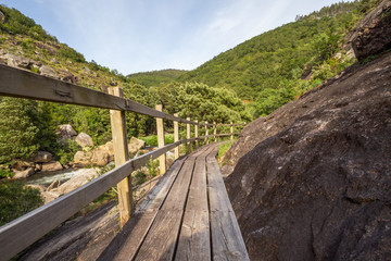 Fototapeta na wymiar Wooden path down a gorge beside a river