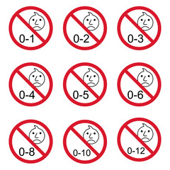 Prohibition no baby for set 0-1 etc sign. Not suitable for children under 1,2.. years vector icon