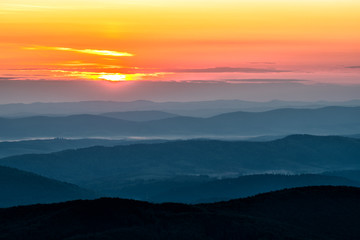 Wonderful sunrise in the mountains. A view from the Polonina Carynska. Bieszczady National Park. Carpathians. Poland.