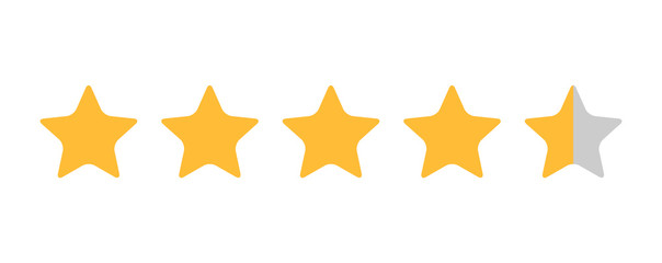 Four and half stars, customer quality symbol, vector product rating review flat icon for hotel, restaurant etc