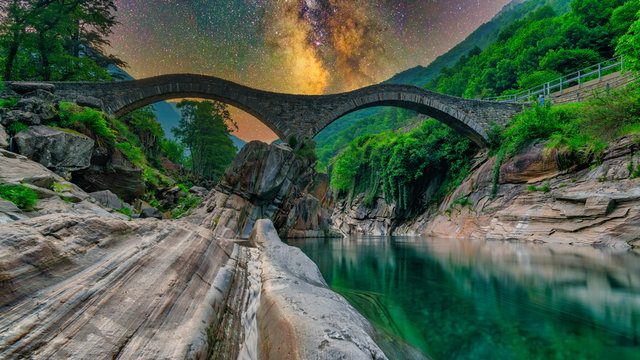 Panoramic Double arch stone bridge at Ponte dei Salti with waterfall, Lavertezzo, Verzasca, Canton Tessin.