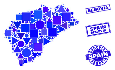 Vector mosaic Segovia Province map. Geographic scheme in blue color shades, and scratched round and rectangle seal stamps. Abstract mosaic of Segovia Province map designed of round, triangles,