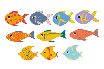 Set of aquarium exotic fishes on the white background. Vector EPS10 illustration.