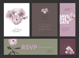 Wedding invitation design set. Green and brown leaves. Pastel, lilac-toned flowers. Romantic ambiance.