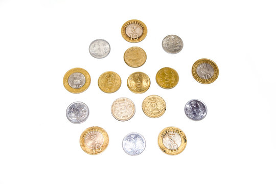 Indian circulating coins collection on isolate white background.
