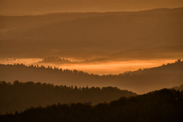 Wonderful sunrise in the mountains. A view from the Polonina Carynska. Bieszczady National Park. Carpathians. Poland.