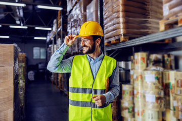 Young smiling supervisor in vest, helmet on head and folder under armpit going around warehouse and checking on inventory.