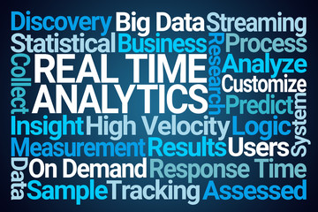 Real Time Analytics Word Cloud on Blue Background