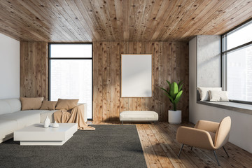 White and wooden living room with sofa and poster