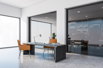 White CEO and open space offices corner