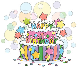 Fancy colorful and sweet birthday cake decorated with color letters candles, vector cartoon illustration isolated on a white background