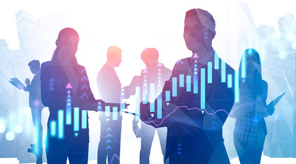 Diverse business people in city, growing graph