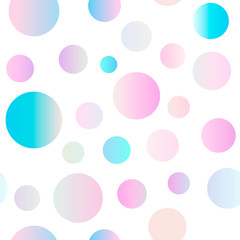 Seamless gradient dots pattern. Delicate holographic colors circles isolated on white background. Purple, pink, blue random bubbles. Vector abstract illustration for wallpaper, wrapping paper, prints