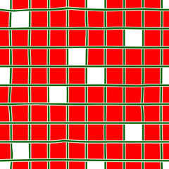Seamless festive checkered pattern. Red and white squares with a green cell. Hand-drawn colored tiles. Abstract cute image. Vector stock illustration for textiles, wallpaper, wrapping paper, clothes