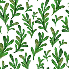 Floral watercolor seamless pattern. Elegant hand drawn green leaves. Print for fabric, wallpaper, bed linen, curtains, tablecloths, web sites, etc. Ink drawing.
