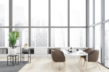 Fototapeta na wymiar Panoramic white dining room with brown armchairs