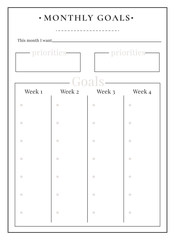 Monthly tasks minimalist planner page design. Priorities memo box. Write achievement. Wish and resolution. Weekly track bullet journal printable sheet. Personal organizer. Notebook vector template