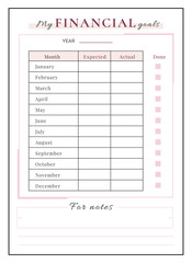 Finance goals minimalist planner page design. Yearly resolution for money management. Monthly budget planning bullet journal printable sheet. Personal organizer. Notebook vector template