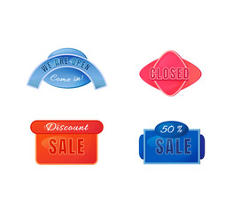 Marketing vector board sign illustrations set. Shop signboard designs pack with typography. Opening and discount offer banners isolated objects on white background. Advertising storefront signs