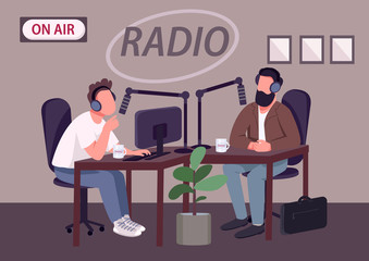 Radio talk show show flat color vector illustration. Chat show host and guest 2D cartoon characters with studio on background. Live podcast, news broadcasting program with expert consultation