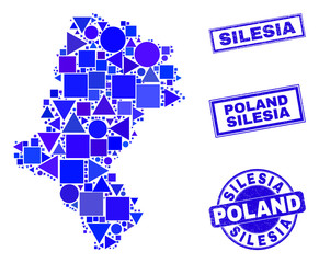 Vector mosaic Silesian Voivodeship map. Geographic collage in blue color tints, and textured round and rectangle seals. Abstract collage of Silesian Voivodeship map designed of round, triangles,