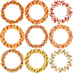 Set of autumn round frames; autumn floral wreaths for greeting cards, wedding cards, invitations, posters, banners, web design.