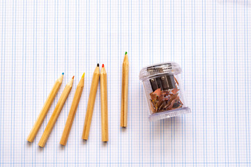 Back to school. Vintage wooden simple pencils on squared paper. On the side is a pencil sharpener.