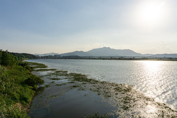 under construction arch bridge across Nakdonggang river in Yangho-dong, Gumi-Si, Gyeongsangbuk-do, South Korea