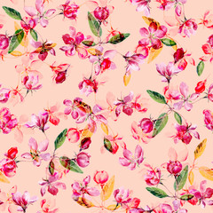 Apple blossom vector watercolor seamless pattern. Beautiful hand drawn texture.