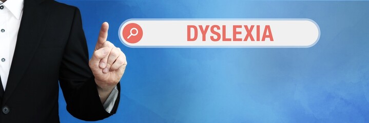 Dyslexia. Lawyer in suit points with his finger to a search box of a Browser. The word is in focus. Blue Background. Law, justice, jurisprudence