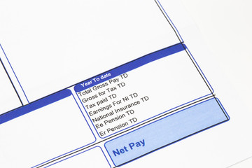 Wage pay slip showing pension, national insurance and tax earnings deductions.  Isolated on a white...