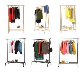 Set of wardrobe racks with different clothes on white background