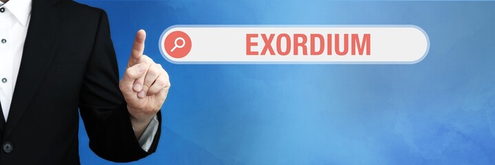 Exordium. Lawyer in suit points with his finger to a search box of a Browser. The word is in focus. Blue Background. Law, justice, jurisprudence