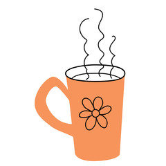 An orange mug with a floral pattern and rising steam from a hot drink. A cap of coffee or tea or milk for icon and logo. Stock vector flat illustration isolated on white background.