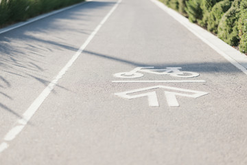 Fototapeta premium Bicycle lane. Sign that indicates cycling track. Save transportation in a city