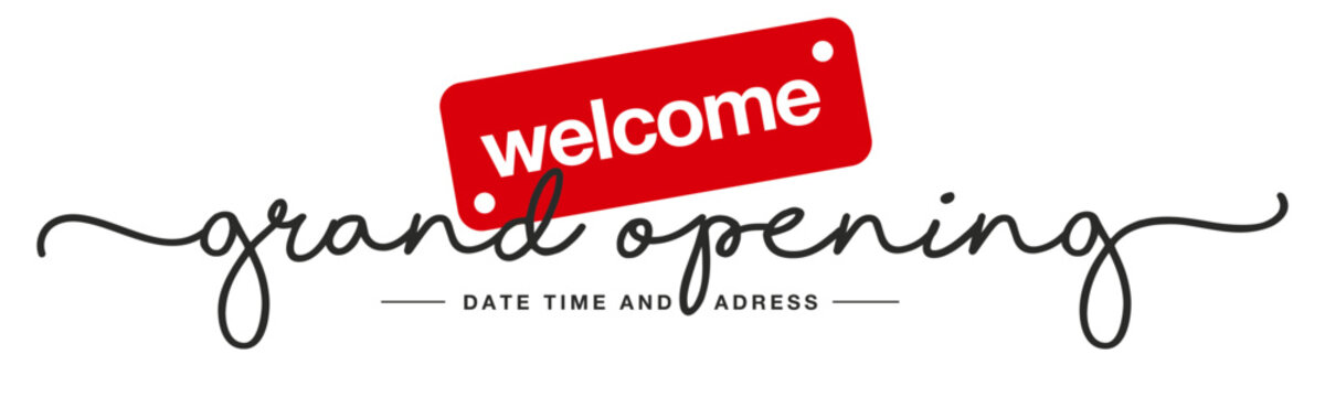 Grand opening handwritten and display tipography lettering welcome black red white background banner