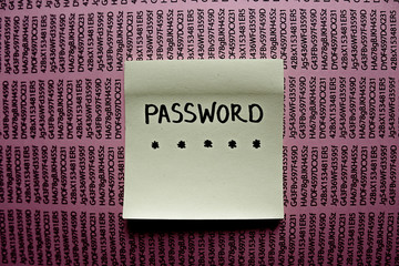 Secret password written on paper note on background. Login access, encryption and cyber security concepts.