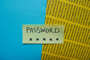 Secret password written on paper note on background. Login access, encryption and cyber security concepts.