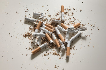 Broken cigarette on white background , World No Tobacco Day