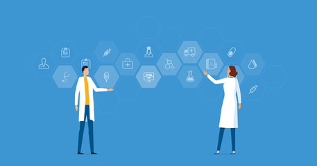Medical team and scientists research in laboratory lab with Medical and health icons background