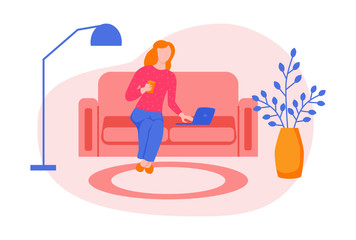 A young woman is working on a laptop and sitting on the sofa. Concept freelance, remote work, work from home, self-isolation, quarantine, entertainment. Flat cartoon vector illustration.