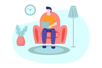 A young man is working on a laptop and sitting on the sofa. Concept freelance, remote work, work from home, self-isolation, quarantine, people at home. Flat cartoon vector illustration.