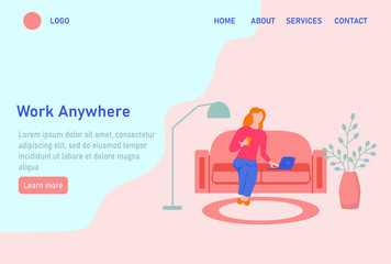 A young woman is working on a laptop and sitting on the sofa. Concept freelance, remote work, work from home, self-isolation, quarantine, entertainment. Website homepage landing web page template.