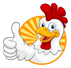 A chicken cartoon rooster cockerel character mascot giving a thumbs up.