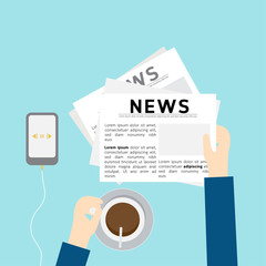 Cartoon businessman hands holding cup of coffee and reading newspaper with listen to music from phone above table desk top view.